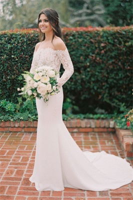 Simple Styl Long Jewel Long Sleeve Lace Mermaid Wedding Dresses | Beaded Wedding Gown_3