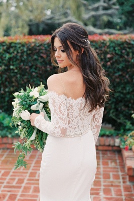 Simple Styl Long Jewel Long Sleeve Lace Mermaid Wedding Dresses | Beaded Wedding Gown_2