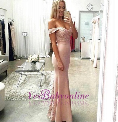 Gorgeous Pink Sexy Mermaid Prom Dresses Off-the-Shoulder Lace Appliques Floor Length Evening Gowns_1