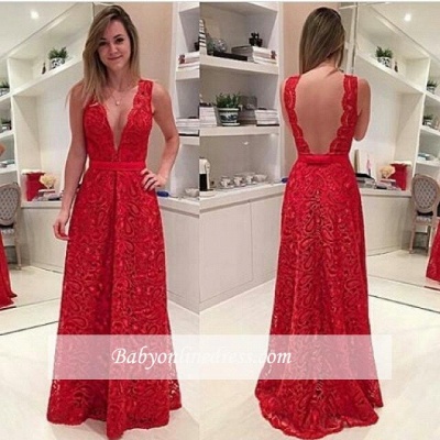 Backless Deep-V-Neck Sexy Floor-length Red Evening Dress_2