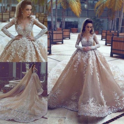 Luxury Ball Gown Wedding Dresses | Long Sleeves Beading Bridal Gowns_4