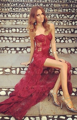 Burgundy Stunning Sweetheart Split Long Full-Lace Prom Dress_2