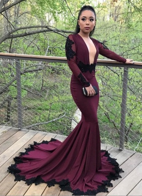 Sexy Long Sleeves Prom Dresses | Deep V-Neck Evening Gowns with Lace Appliques_2