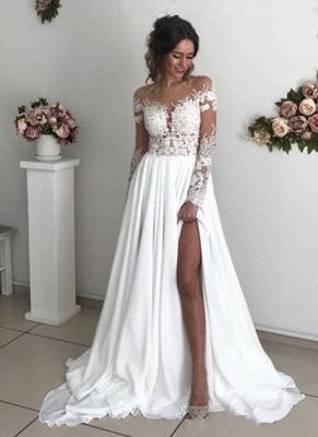 Exquisite A-Line Chiffon Lace See Through Neck Long Sleeves Wedding Dresses_1