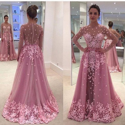 Overskirt Sheer Pink Long-Sleeves Lace-Appliques Prom Dresses_3