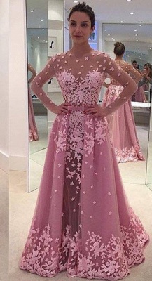 Overskirt Sheer Pink Long-Sleeves Lace-Appliques Prom Dresses_2