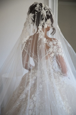 Jewel Long Sleeve Beaded A line Wedding Dresses With 3D Flower_4
