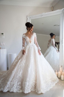 Jewel Long Sleeve Beaded A line Wedding Dresses With 3D Flower_1
