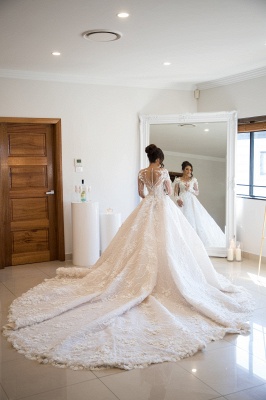 Jewel Long Sleeve Beaded A line Wedding Dresses With 3D Flower_2