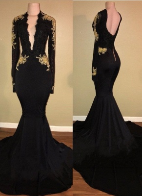 Sexy Black Mermaid Prom Dresses | Long Sleeves V-Neck  Evening Gowns_1