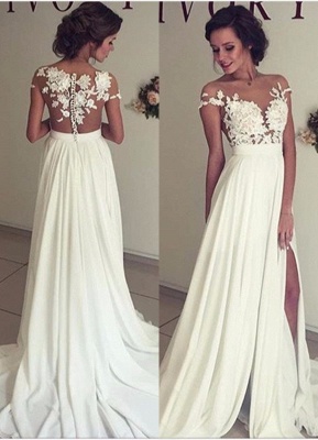 Glamorous Lace Appliques Side Slit A-line Chiffon Beach Wedding Dresses_1