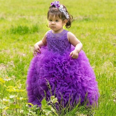 Lace Appliques Lovely Ball-Gown Floor-Length Purple Sleeveless Flower-Girl Dress_3