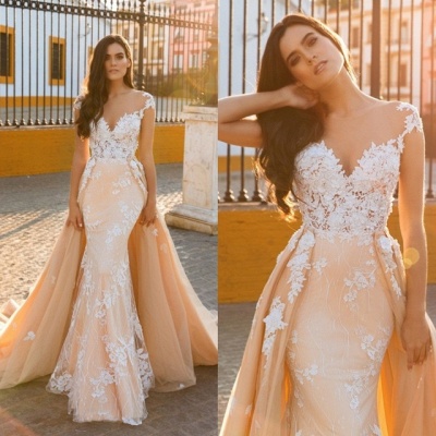 Graceful Jewel Cap Sleeve Lace Mermaid Wedding Dress With Detachable Train_5
