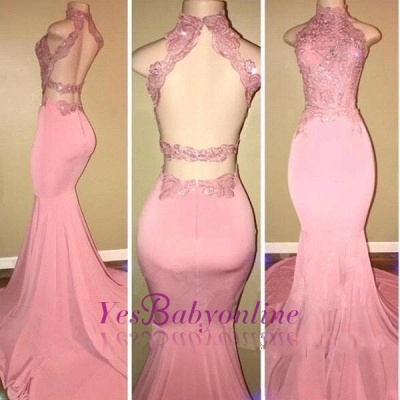 Mermaid Long Open-Back Pink High-Neck Prom Dresses_1