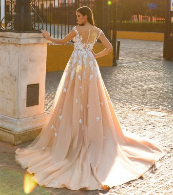 Graceful Jewel Cap Sleeve Lace Mermaid Wedding Dress With Detachable Train_4