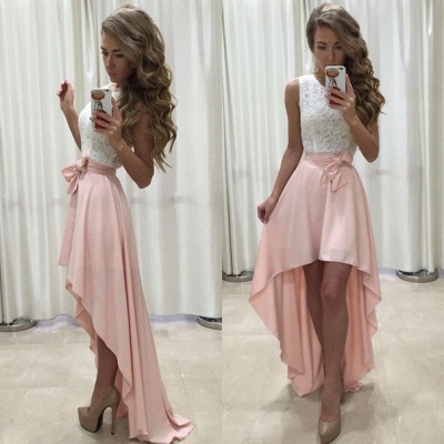 Lace Hi-Lo Prom Dresses Sleeveless Bowknot Sash Party Dresses_3