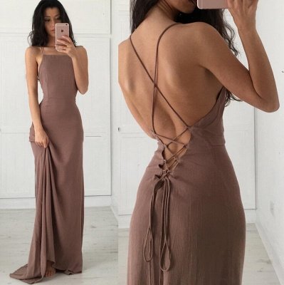 Brown Simple Long Formal Spaghettis-Straps Party Dresses_3