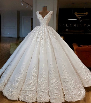 Charming Lace Appliques Ball Gown Wedding Dresses | Gorgeous V-Neck Sleeveless Bridal Gowns_3