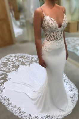 Mermaid Sweetheart Spaghetti Straps Wedding Dresses | Lace Appliques Wedding Gowns with Court Train_2