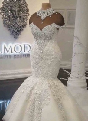 Glamorous Crystals Sexy Mermaid Wedding Dresses | Off-the-Shoulder Lace Appliques Bridal Dresses_2