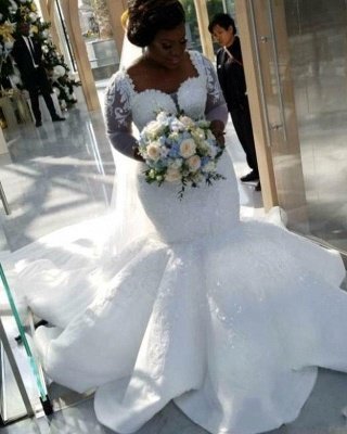 Charming Mermaid Lace Wedding Dresses | Chapel Train Long Sleeves Appliques Bridal Gowms_4