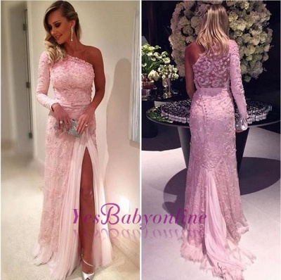 Split Lace Long-Sleeve Elegant Pink Evening Dresses_1