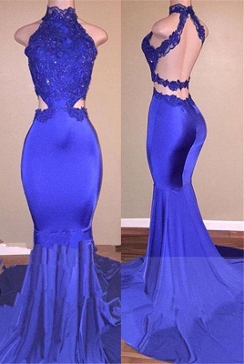 Halter High Neck Prom Dresses | Blue Mermaid Sleeveless Evening Gowns_1