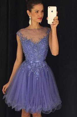 Purple A-Line Homecoming Dresses | Cap Sleeves Beaded Short Prom Dresses_2