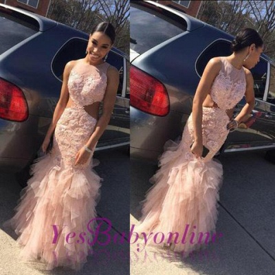 Pink Mermaid Prom Dresses Lace Cutaway Sides Tiers Tulle Sexy Formal Gowns_1
