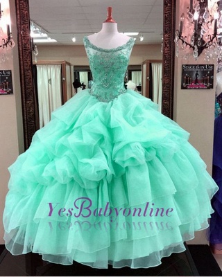 Ruffles Scoop Quinceanera Mint Gown Beading Green Sleeveless Dresses Ball Long Cascading Prom Dresses_2