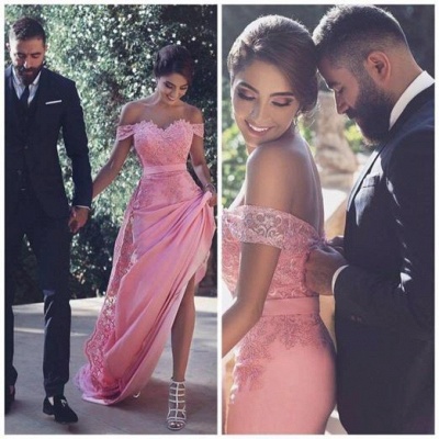 Long Candy-Pink A-Line Natural Off-the-Shoulder Lace Lace Prom Dresses_3