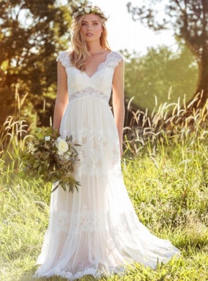 A-Line Tulle Lace V-Neck Cap-Sleeve Appliqued Wedding Dress_1