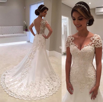 Sweetheart Short Sleeves Appliques Lace A-Line Backless Wedding Dress_4
