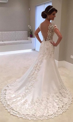 Sweetheart Short Sleeves Appliques Lace A-Line Backless Wedding Dress_3
