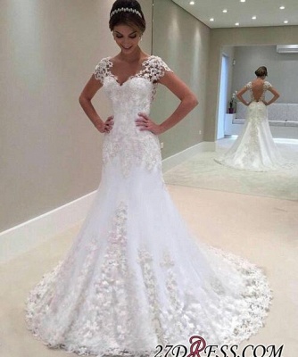Sweetheart Short Sleeves Appliques Lace A-Line Backless Wedding Dress_1