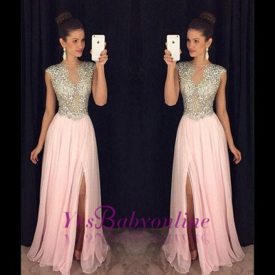 Long Front-Slit Pink Beaded A-line Crystals luxury Prom Dresses_1