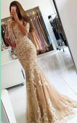 Champagne Lace Mermaid Prom Dresses Half-Long Sleeves Open Back Evening Dresses_2