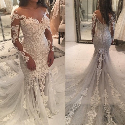 Sparkly Mermaid Long Sleeves Wedding Dresses | Off-the-shoulder V-neck Appliques Bridal Gowns_4