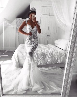 Sexy Lace Mermaid Wedding Dresses | See-Through Cap Sleeves Bridal Gowns_4