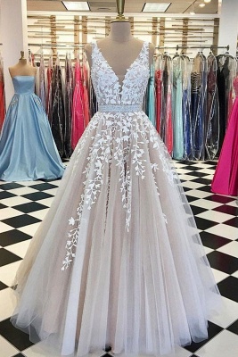 Sleeveless Chic Lace-Applique  Crystal Sashes A-Line V-Neck Prom Dresses_4