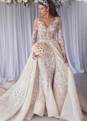 Elegant Jewel Long Sleeve Applique Crystal  Sequin Sheath Wedding Dresses With Detachable Skirt_1