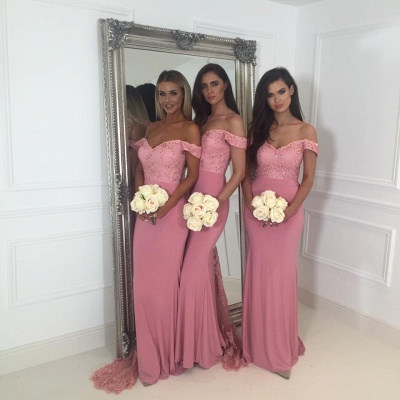 Beads Lace Off The Shoulder Bridesmaid Dress | Open Back Pink Maid of Honor Dresses_5