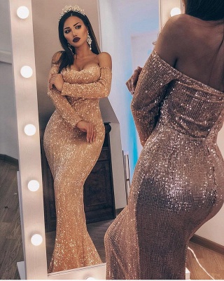Off-the-shoulder Sweetheart Long Sleeve Backless Sequined Mermaid Prom Dresses_4
