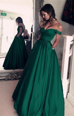 Elegant Off-the-shoulder Backless A-Line Ruffles Floor-length Prom Dress With Pockets_1