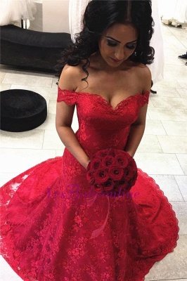 Mermaid Off-the-shoulder Lace Court-Train Sexy Red Evening Dresses_1