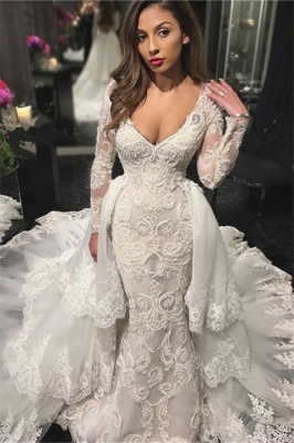 V-neck Beaded Sexy Mermaid Lace Appliques Wedding Dresses with Sleeves_1