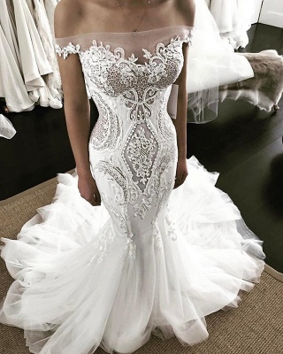 Sexy Bateau Off The Shoulder Applique Fitted Mermaid Wedding Dresses_2