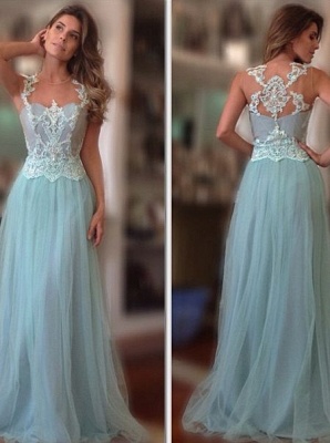 Long Elegant A-Line  Lace-Applique Sleeveless Prom Dresses_2