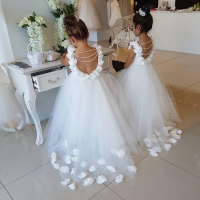 Sweet Tulle Appliques Backless Flower Girl Dresses with Pearls_4