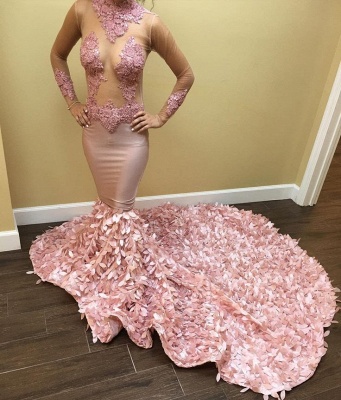 Pink Long Sleeves Prom Dresses | Long Appliques Mermaid Evening Dresses_1